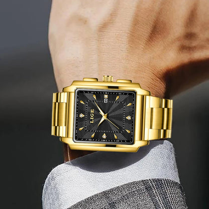 LIGE Men’s Luxury Square Sport Watch – Waterproof Business Military Quartz Chronograph