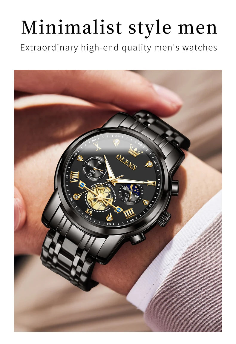 OLEVS Luxury Flywheel Design Couple Wristwatch Chronograph Waterproof Moon Phase Watch Brand Original Quartz Watch for Men Women
