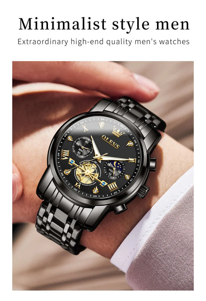 OLEVS Luxury Flywheel Design Couple Wristwatch Chronograph Waterproof Moon Phase Watch Brand Original Quartz Watch for Men Women