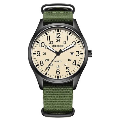 LIGE Luxury Military Quartz Watch for Men – Waterproof, Luminous, Nylon Leather Strap, Date Display