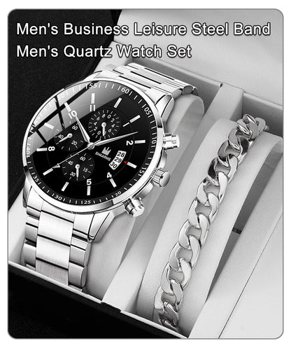 Luxorive ChronoLux Set – Men’s Stainless Steel Quartz Watch & Bracelet Combo