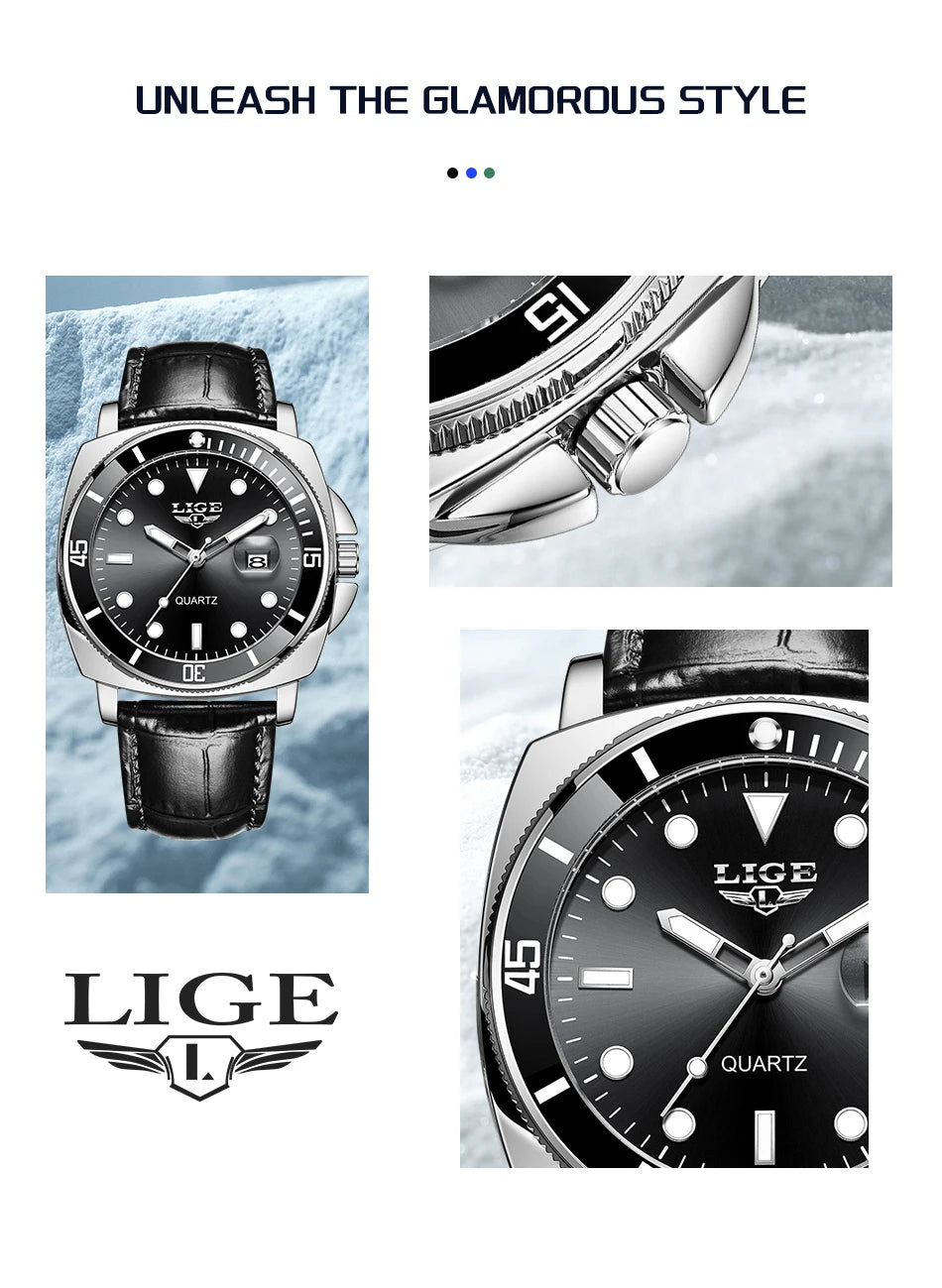 LIGE Men’s Business Military Sports Quartz Watch – Luxury Leather Waterproof Timepiece