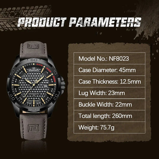 NAVIFORCE 8023 Fashion Men's Luminous Quartz Wrist Watches Waterproof Leather Strap Military Motorcycle Quartz Watch