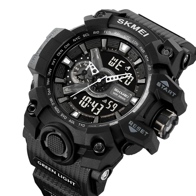 SKMEI Men's Shockproof Military Sports Watch – Dual Time, LED Display, Waterproof, Alarm, Chrono, Big Dial