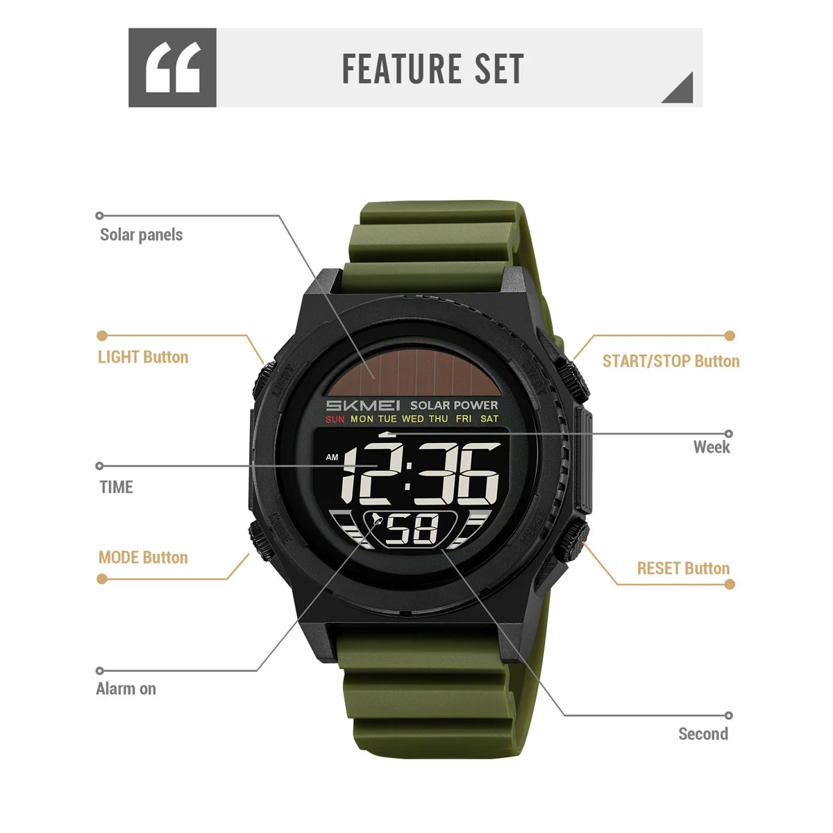 SKMEI Solar Digital Sports Watch for Men – Waterproof Chronograph Wristwatch