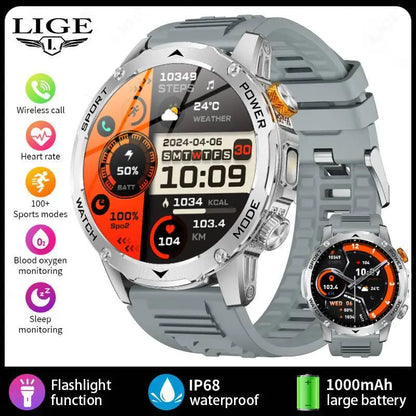 LIGE Men’s Smartwatch – 1000mAh Battery, Outdoor Flashlight, Bluetooth Call, Waterproof Fitness Tracker
