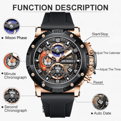 LIGE Sports Chronograph is a premium-quality men’s wristwatch featuring a rugged design with real chronograph sub-dials, made for active and style-conscious individuals.