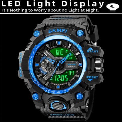 SKMEI Men's Shockproof Military Sports Watch – Dual Time, LED Display, Waterproof, Alarm, Chrono, Big Dial