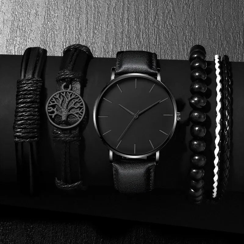 Luxorive Elite 5‑Piece Men’s Watch & Accessory Set – Quartz Sports Watch, Leather Strap, Bracelet, Necklace & Ring