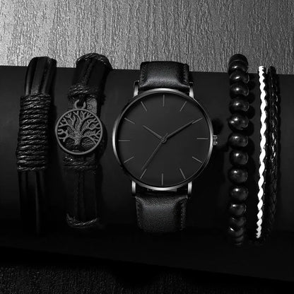 Luxorive Elite 5‑Piece Men’s Watch & Accessory Set – Quartz Sports Watch, Leather Strap, Bracelet, Necklace & Ring