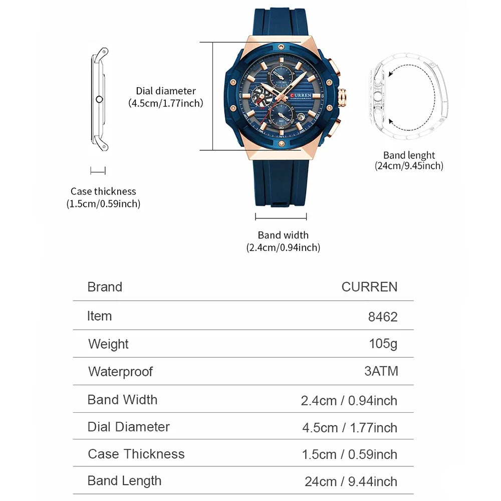 CURREN Multifunctional Sports Chronograph Quartz Watch – Silicone Strap with Luminous Hands