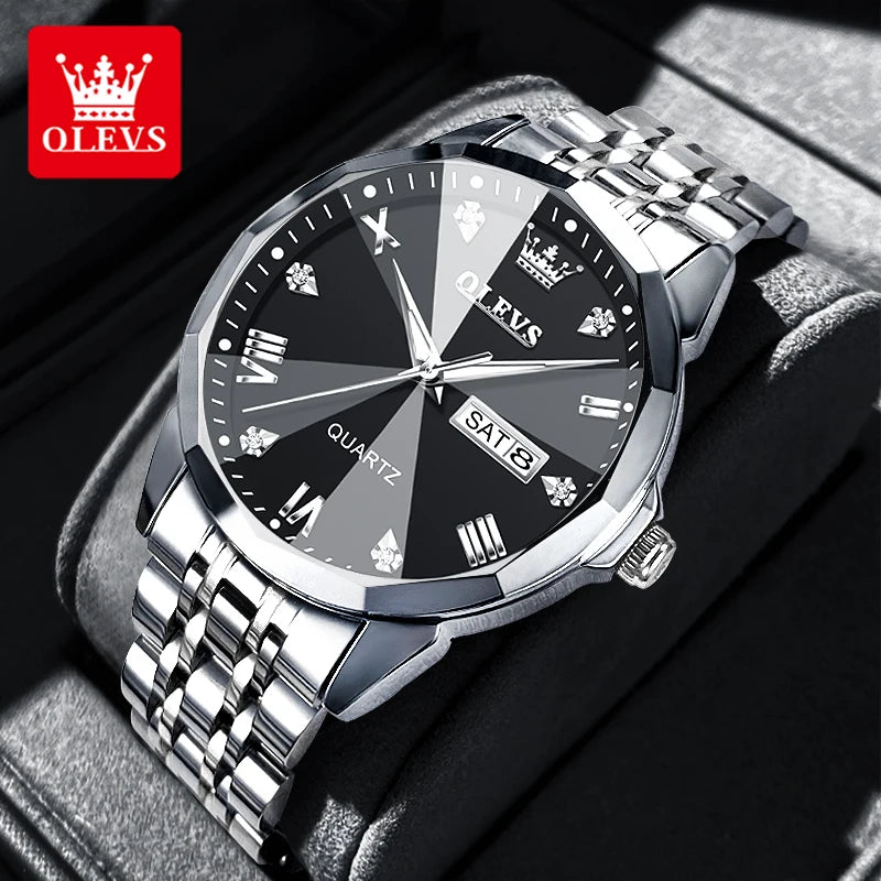 OLEVS Men's Watches Rhombus Mirror Original Quartz Watch for Man Waterproof Luminous Stainless Steel Wristwatch Male Date Week