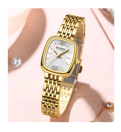 CURREN 9093 Women's Fashion Quartz Watch – Elegant Square Gold Dial with Stainless Steel Strap, Waterproof