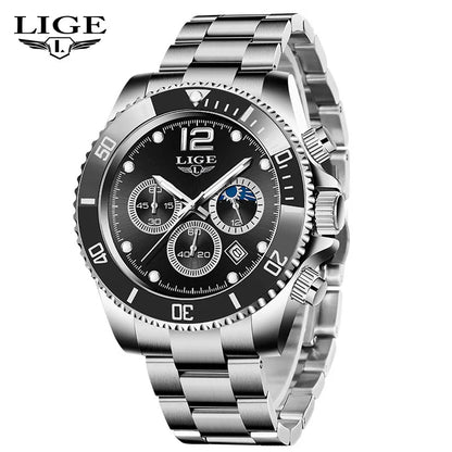 LIGE Men’s Luxury Military Quartz Watch – Full Steel Waterproof Chronograph