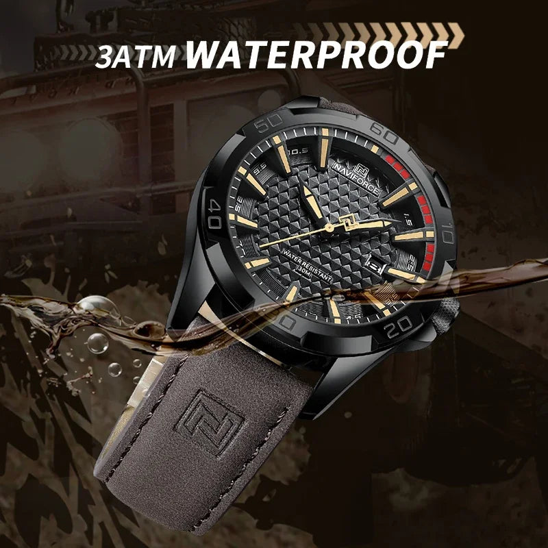 NAVIFORCE 8023 Fashion Men's Luminous Quartz Wrist Watches Waterproof Leather Strap Military Motorcycle Quartz Watch