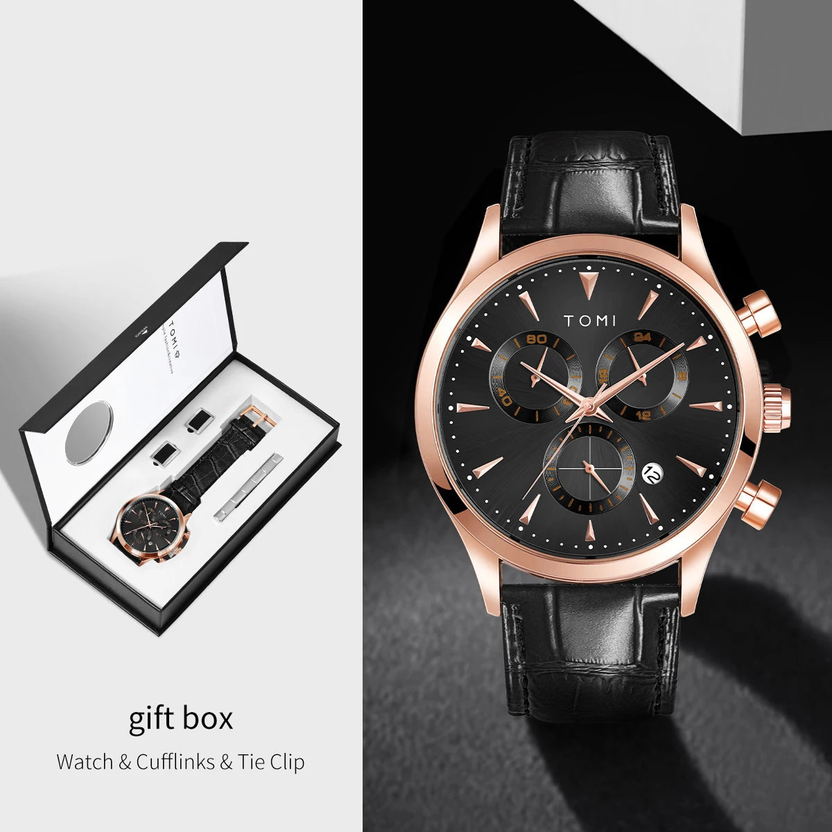 TOMI 4PCS Set Luxury Business Men's Quartz Watch Casual Fashion Versatile Watch Men's Cufflinks Tie Clip Watch Festival Gift