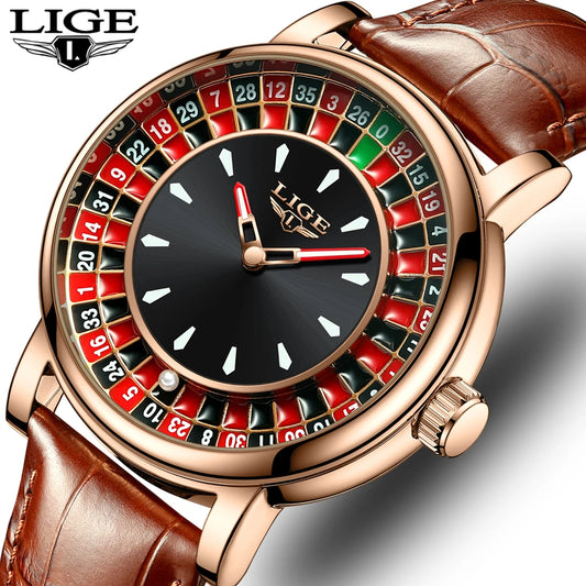 LIGE Fashion Roulette Dial Men's Watch – Brown Leather Edition