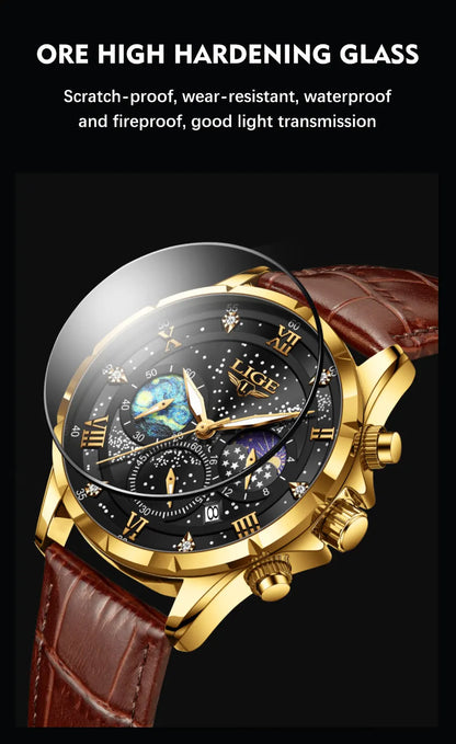 LIGE 2024 Men’s Luxury Genuine Leather Sports Military Quartz Watch with Date
