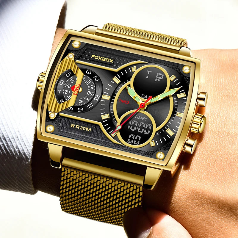 LIGE Luxury Men’s Square Watch – FOXBOX Fashion Casual Sports Waterproof Double Display