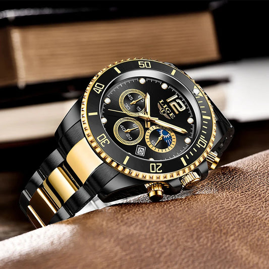 LIGE Men’s Luxury Military Quartz Watch – Full Steel Waterproof Chronograph