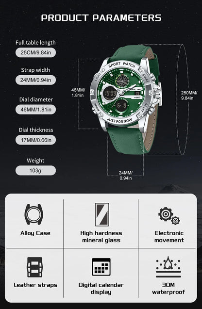 LIGE Men’s Outdoor Sport Watch – Leather Strap, Dual Digital Display, Waterproof & Luminous