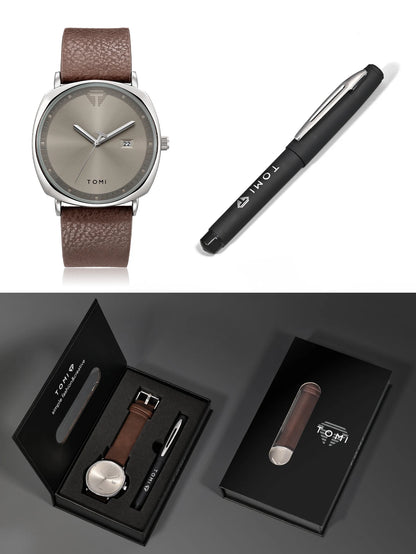 TOMI New 2PCS Luxury Business Men Watch Gift Box Set Simple and Casual Men Calendar Quartz Watch Pen Reloj Men Holiday Gift
