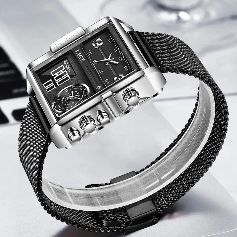 LIGE Men’s Black Steel Digital Dual Display Sports Chronograph – Waterproof Quartz Military Watch