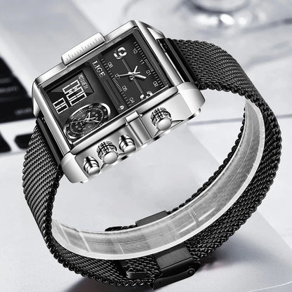 LIGE Men’s Black Steel Digital Dual Display Sports Chronograph – Waterproof Quartz Military Watch