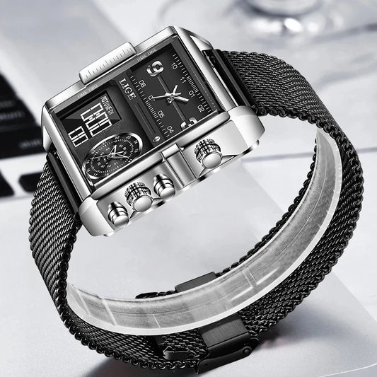 LIGE Men’s Black Steel Digital Dual Display Sports Chronograph – Waterproof Quartz Military Watch