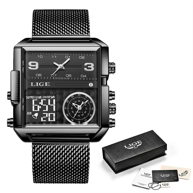 LIGE Men’s Black Steel Digital Dual Display Sports Chronograph – Waterproof Quartz Military Watch