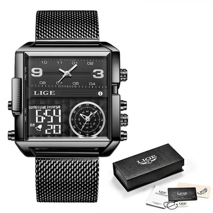 LIGE Men’s Black Steel Digital Dual Display Sports Chronograph – Waterproof Quartz Military Watch