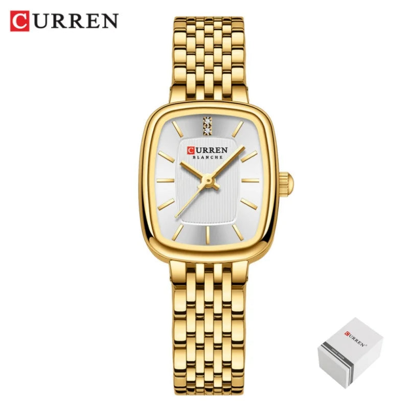 CURREN 9093 Women's Fashion Quartz Watch – Elegant Square Gold Dial with Stainless Steel Strap, Waterproof