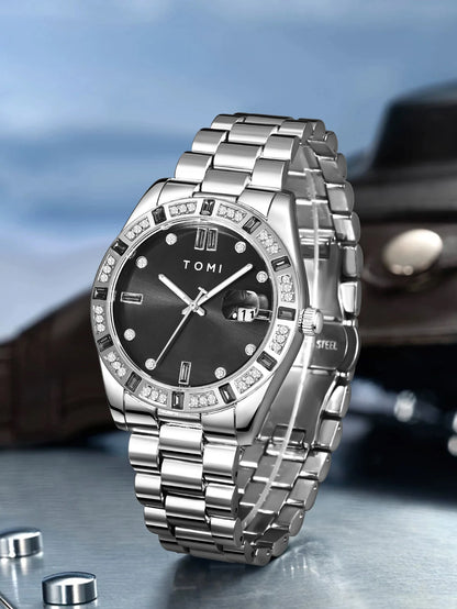 TOMI 4PCS Luxury Business Men's Watch Gift Box Set Luxury Diamond Case Calendar Stainless Steel Strap Quartz Watch Men's Clock