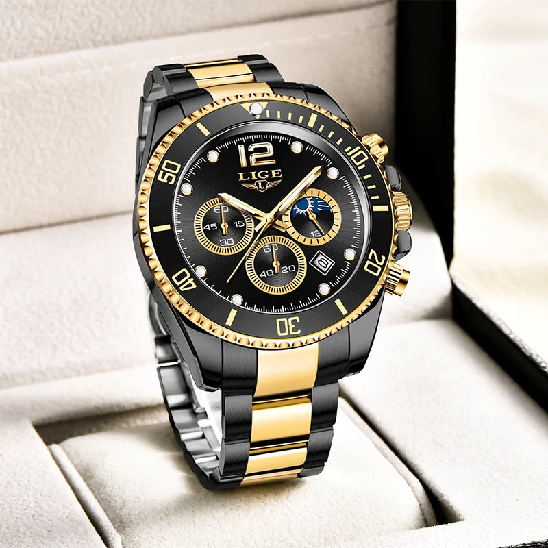 LIGE Men’s Luxury Military Quartz Watch – Full Steel Waterproof Chronograph