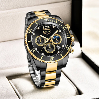 LIGE Men’s Luxury Military Quartz Watch – Full Steel Waterproof Chronograph