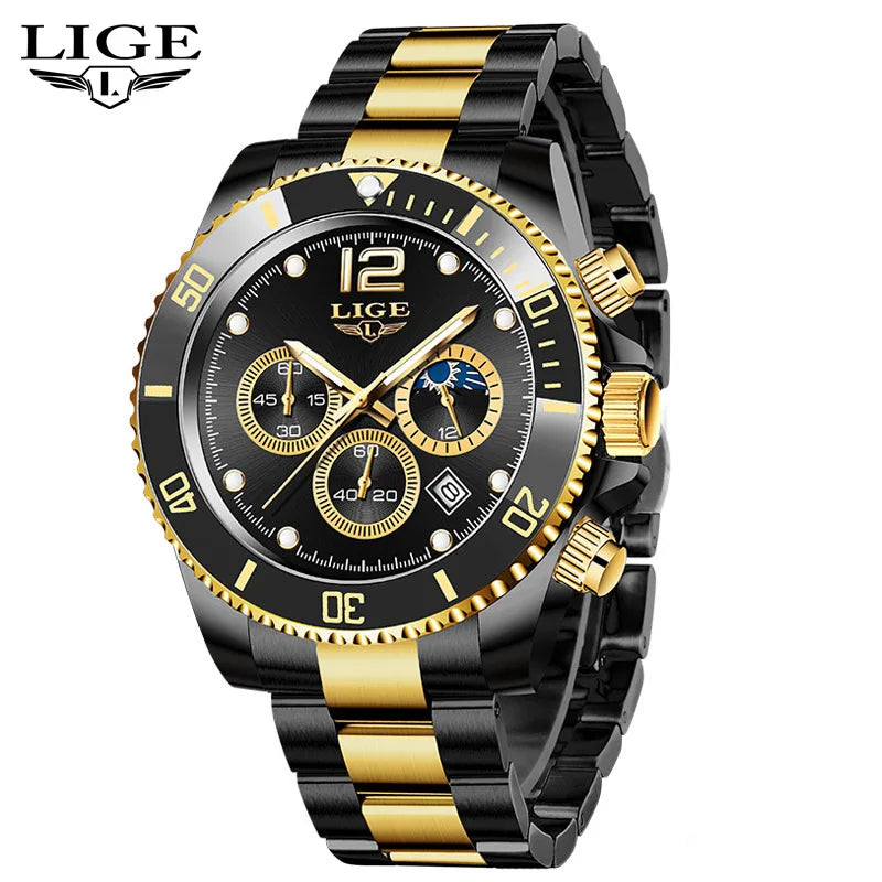 LIGE Men’s Luxury Military Quartz Watch – Full Steel Waterproof Chronograph