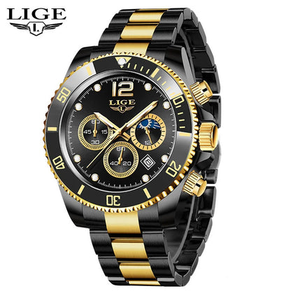 LIGE Men’s Luxury Military Quartz Watch – Full Steel Waterproof Chronograph