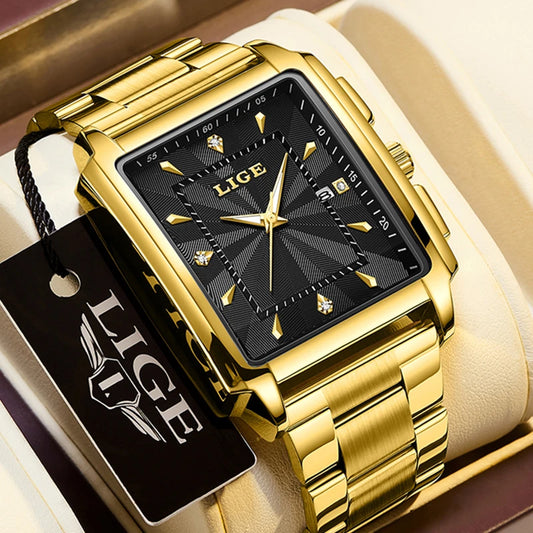 LIGE Men’s Luxury Square Sport Watch – Waterproof Business Military Quartz Chronograph