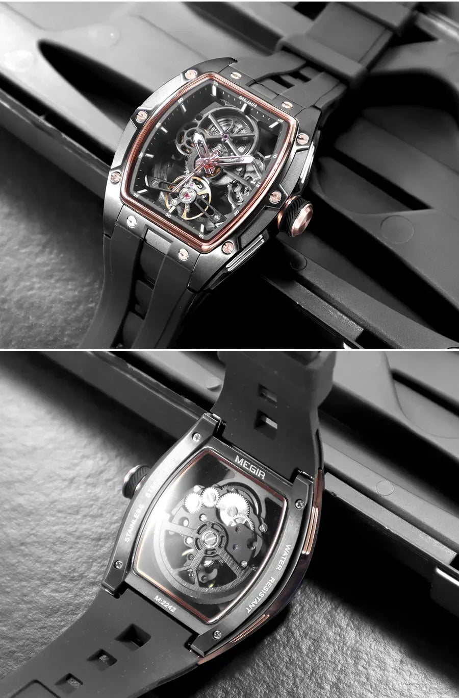 Luxorive MEGIR 2242 – Automatic Tonneau Dial Men’s Watch | Black Silicone Strap | Luminous Sport Design