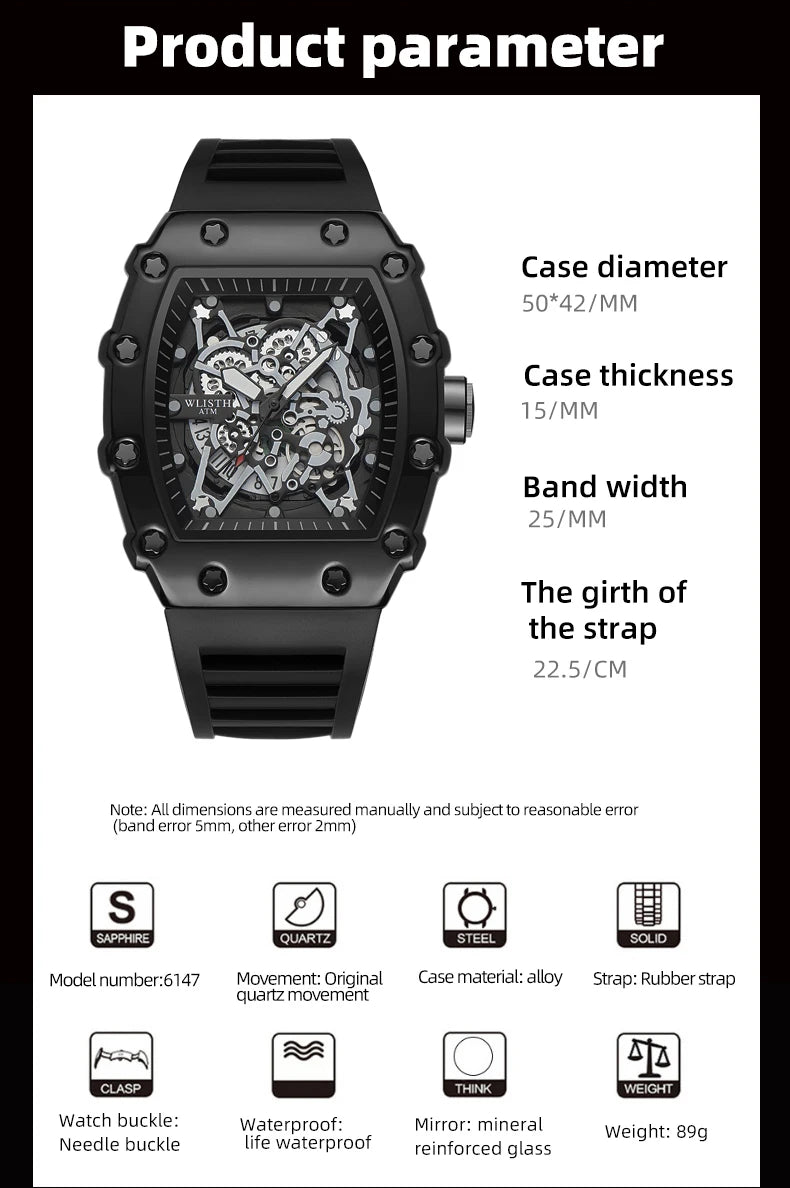 Men's Watch Fashion Automatic Movement Barrel Luminous Waterproof Clock Sports Male's Silicone Strap Quartz Wristwatch New