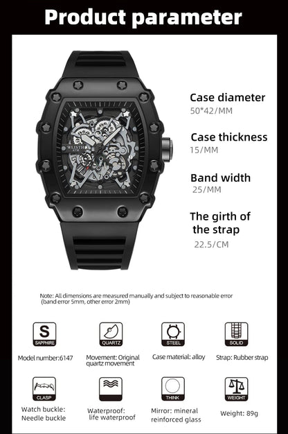 Men's Watch Fashion Automatic Movement Barrel Luminous Waterproof Clock Sports Male's Silicone Strap Quartz Wristwatch New
