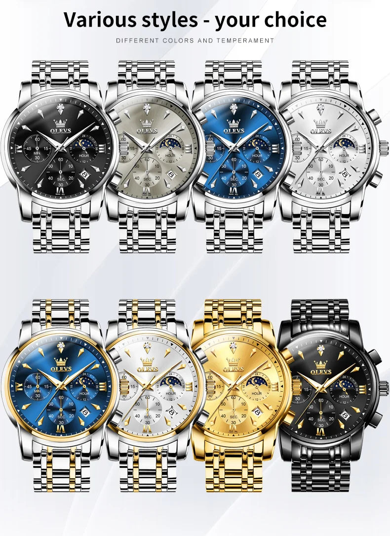 OLEVS 3639 Top Brand Original Quartz Watch Multifunctional Chronograph Watch For Men Waterproof Luminous Moon Phase Watch New