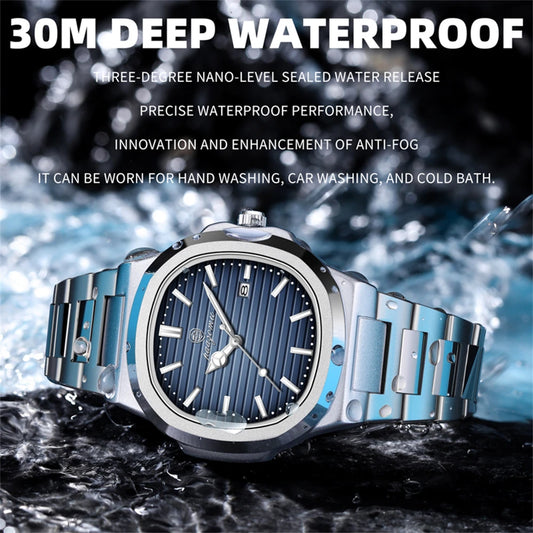 PENGAGAR Luxury Watch Business 50 ATM Waterproof Male Clock Luminous Date Stainless Steel Square Quartz Men Watches reloj hombre