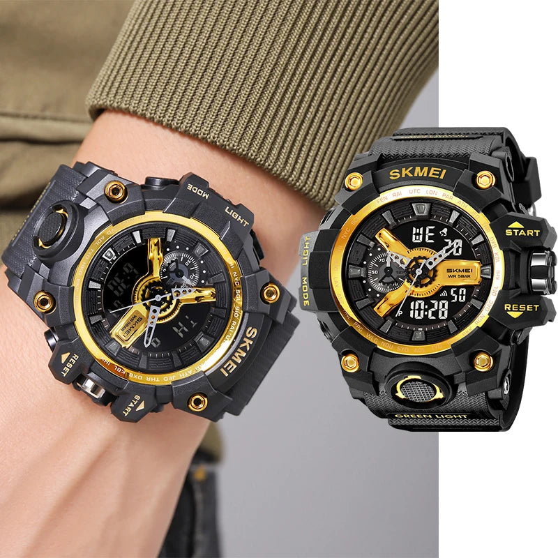 SKMEI Men's Shockproof Military Sports Watch – Dual Time, LED Display, Waterproof, Alarm, Chrono, Big Dial