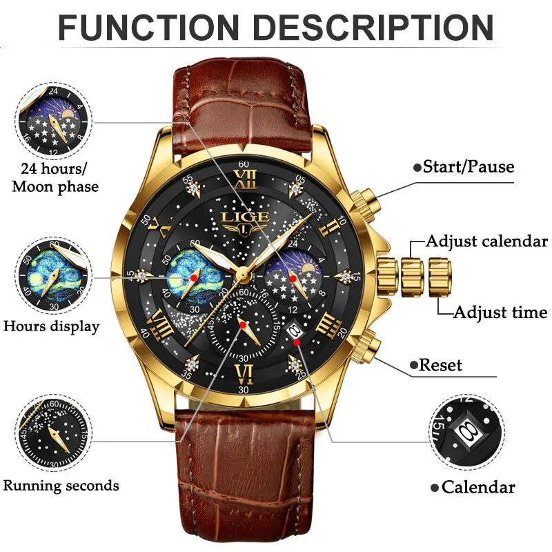LIGE 2024 Men’s Luxury Genuine Leather Sports Military Quartz Watch with Date
