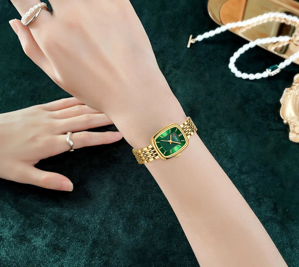 CURREN 9093 Women's Fashion Quartz Watch – Elegant Square Gold Dial with Stainless Steel Strap, Waterproof