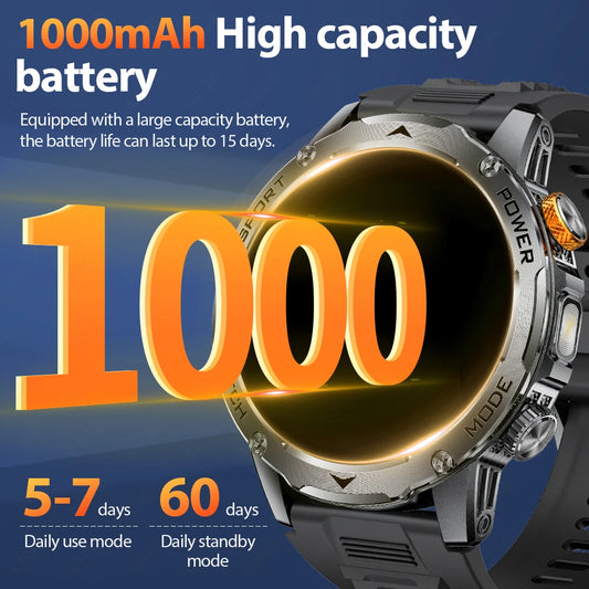 LIGE Men’s Smartwatch – 1000mAh Battery, Outdoor Flashlight, Bluetooth Call, Waterproof Fitness Tracker