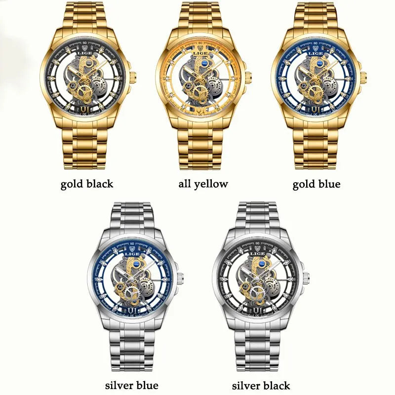LIGE Men's Skeleton Quartz Watch – Luxury Retro Gold Wristwatch, Stainless Steel, Waterproof, Casual/Formal