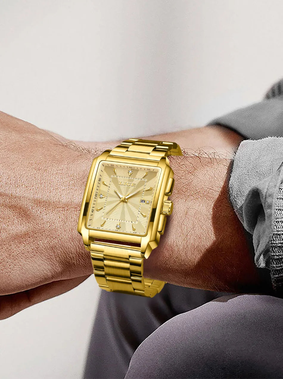 LIGE Men’s Luxury Square Sport Watch – Waterproof Business Military Quartz Chronograph