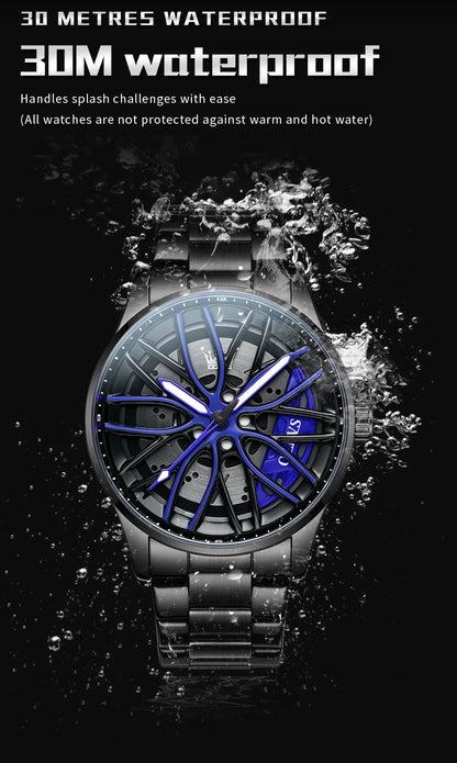 OLEVS Fashion 360° Rotary Dial Quartz Watch for Men Sport Car Rim Wheel Hub Waterproof Luminous Stainless Steel Men's Wristwatch
